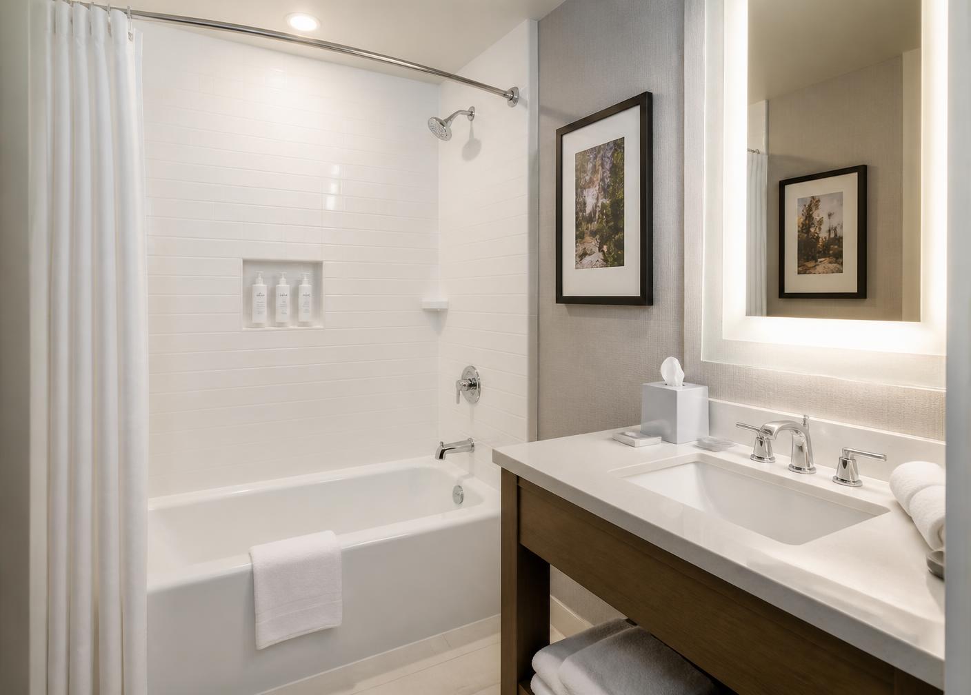 Refinished hotel guest bathroom with a white bathtub and tile surround