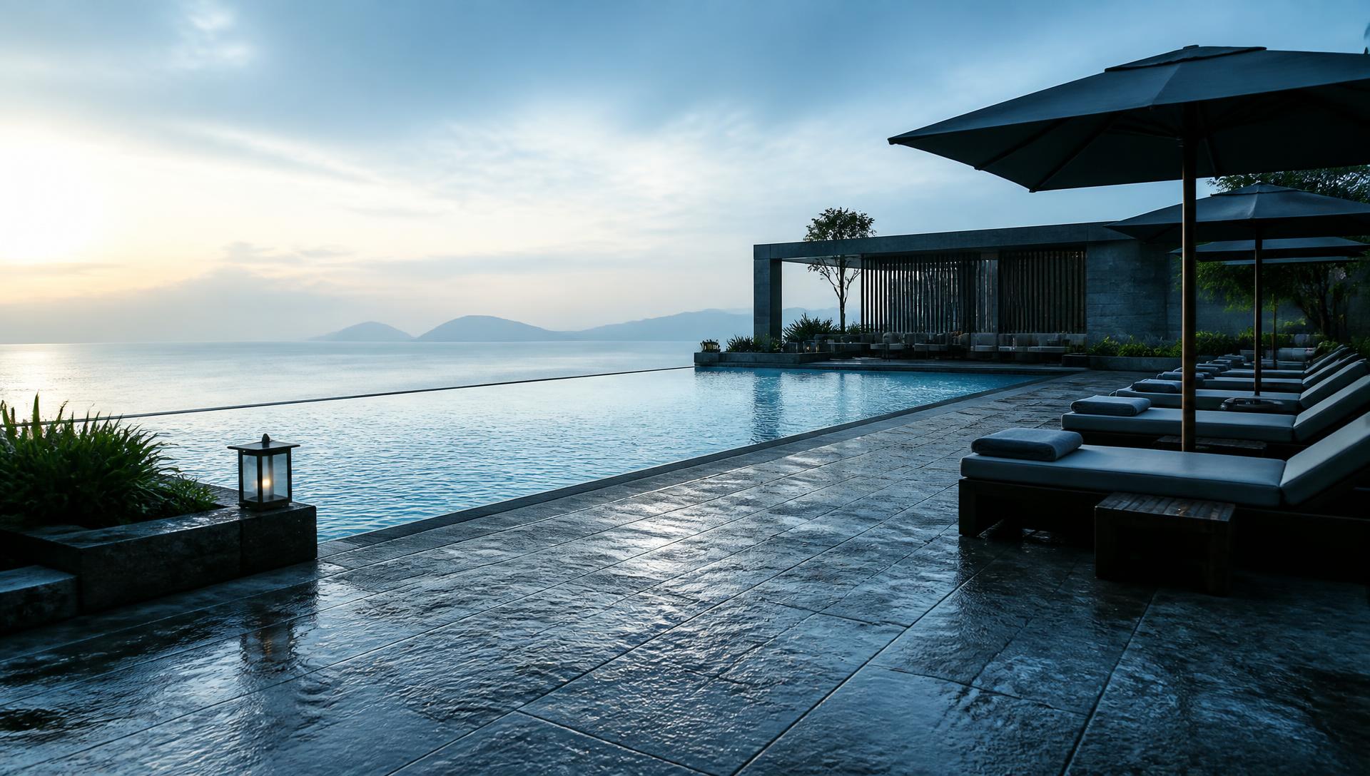 Resort pool deck with a wet stone surface at first light