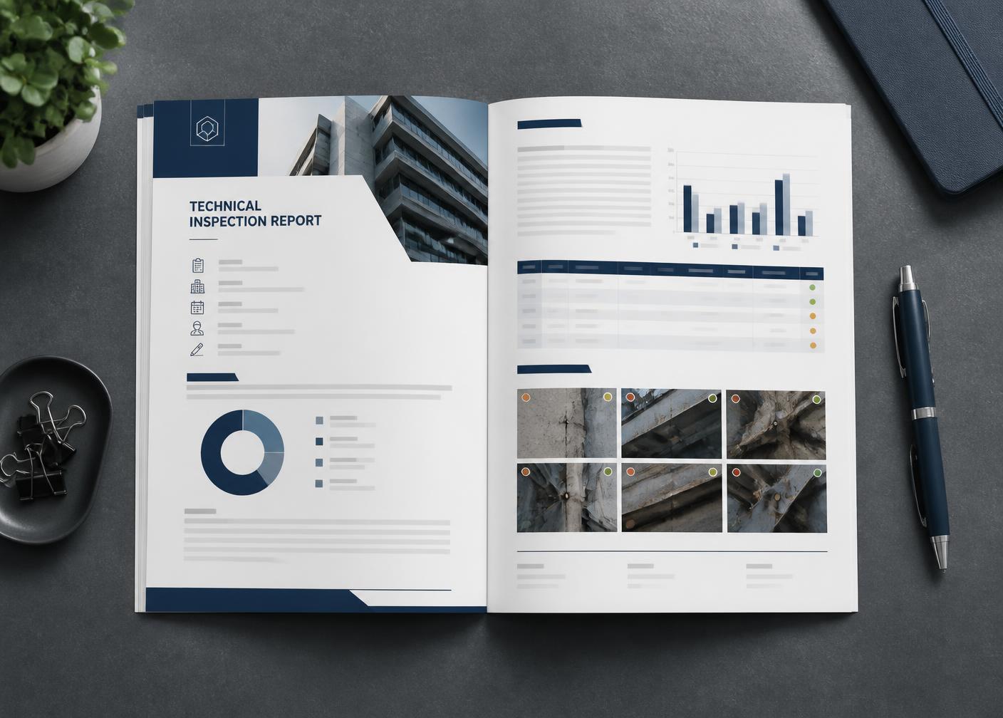 Open technical inspection report showing summary pages, charts, and a photo documentation grid